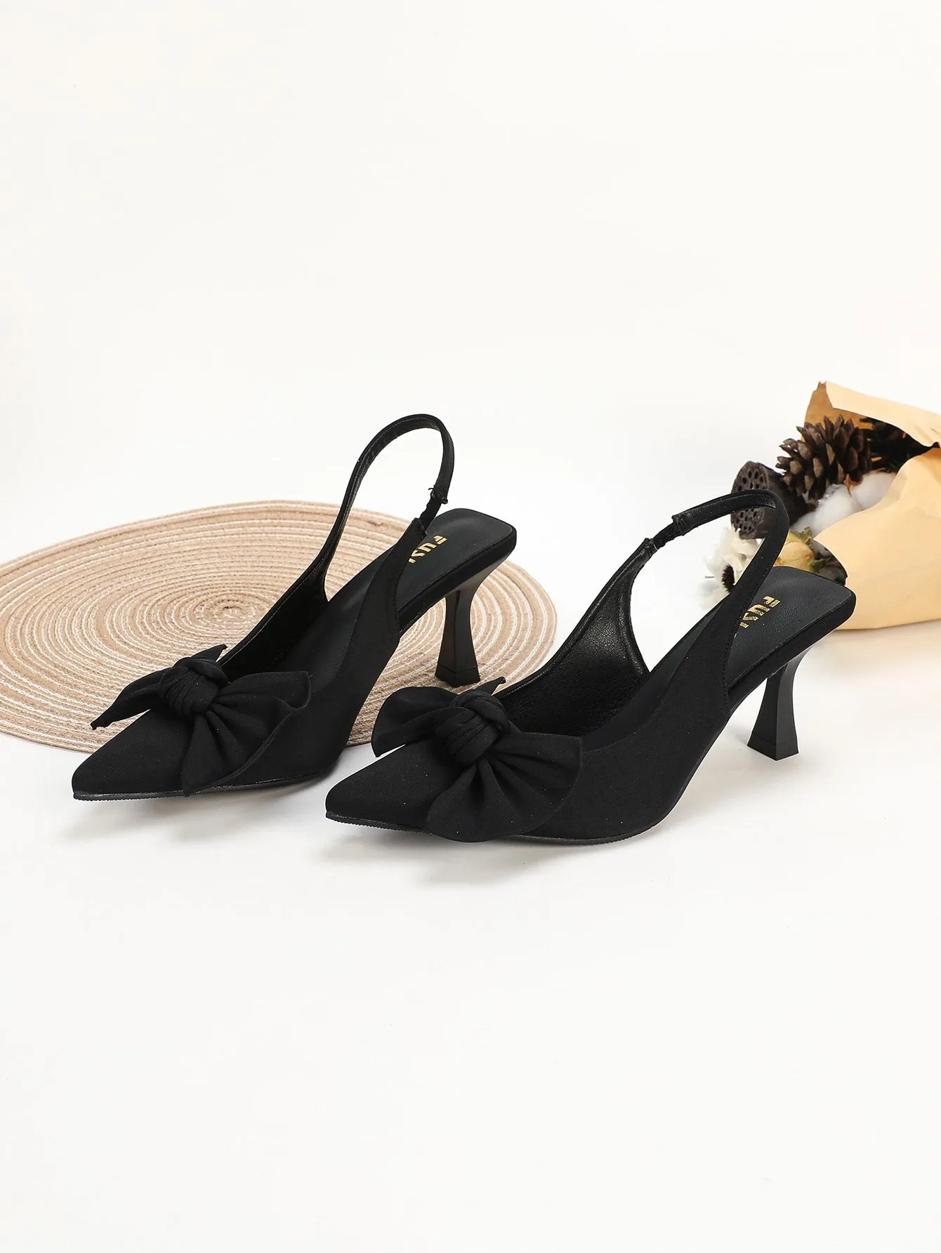 Elegant Black Pumps For Women, Bow Detail Point Toe Stiletto Heeled Slingback Pumps